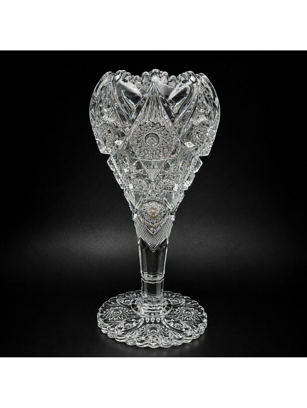 Antique Large Imperial Glass 12" Chalice Vase Thunderbolt Nu-Cut EAPG Clear